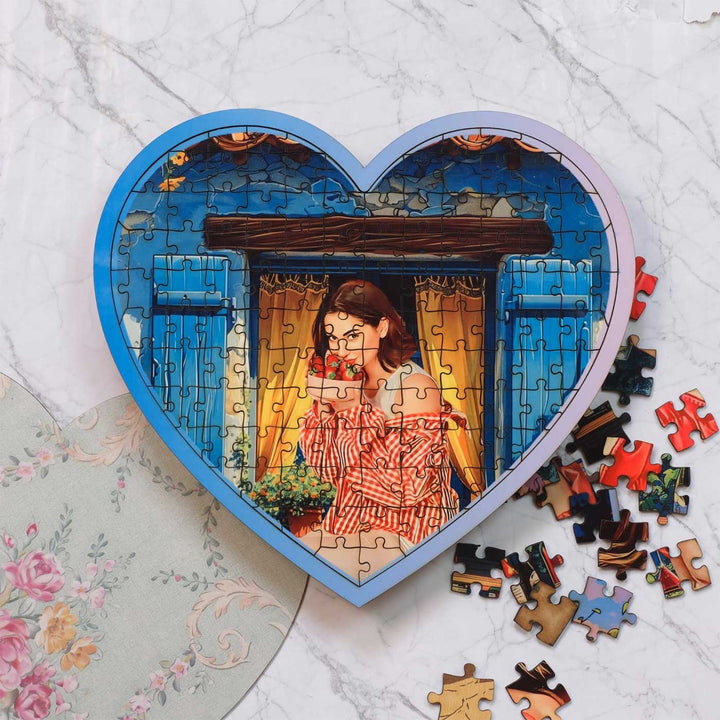 Photo Personalized Modern Blue Heart Shaped MDF Wood Puzzle