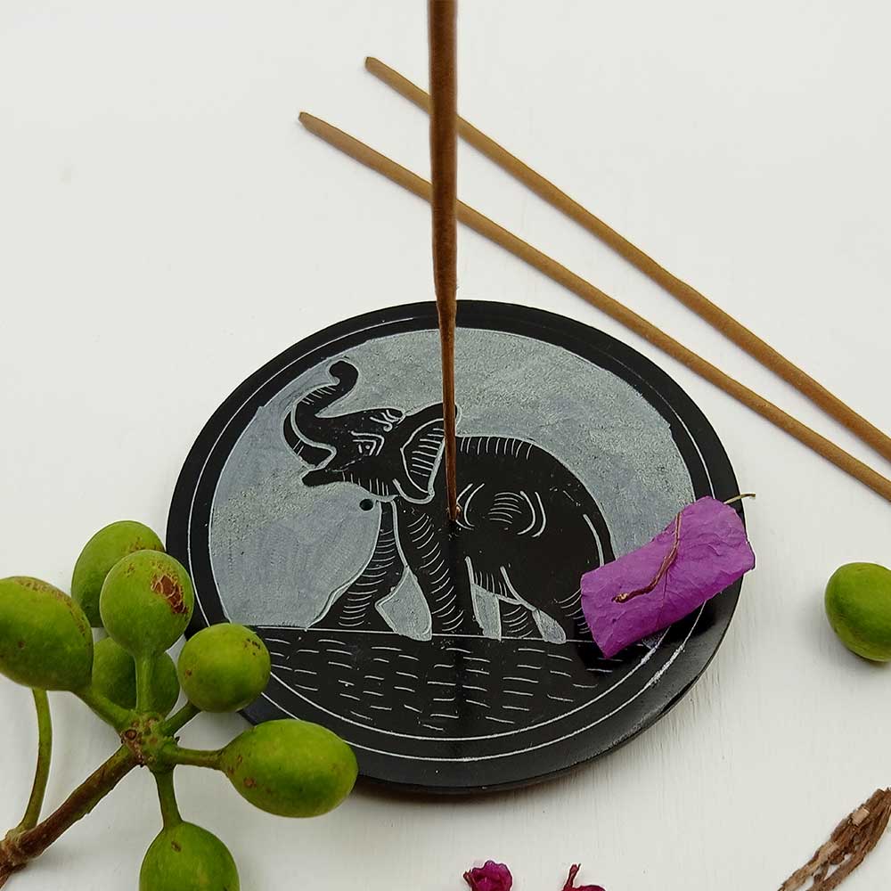 Handmade Black Izaan Elephant Soapstone Incense Stick Holder | Set of 2