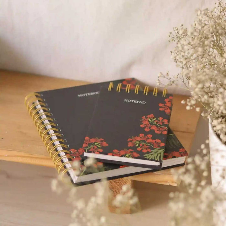 Handmade Gulmohar Black Spiral Notebook and Notepad Set | 80 Pages