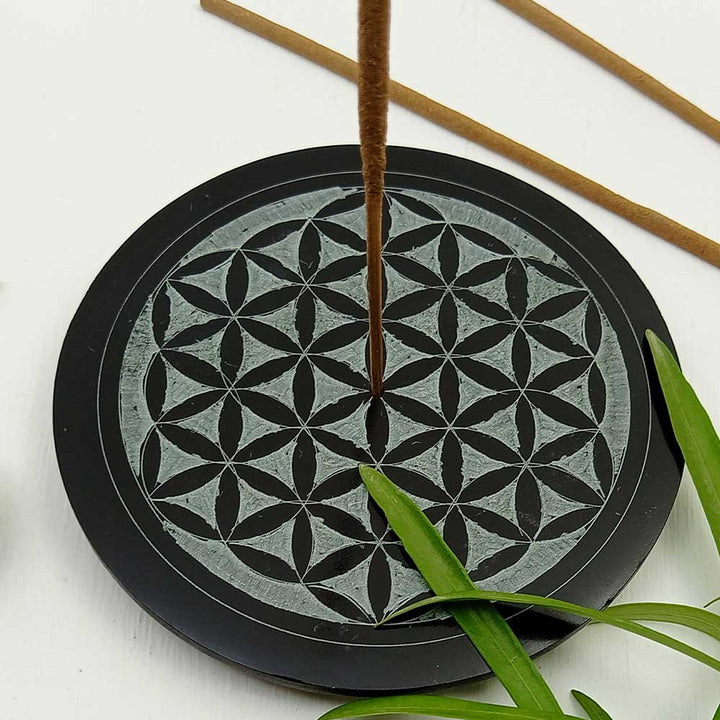 Handmade Black Faiza Flowers Of Life Soapstone Incense Stick Holder | Set of 2