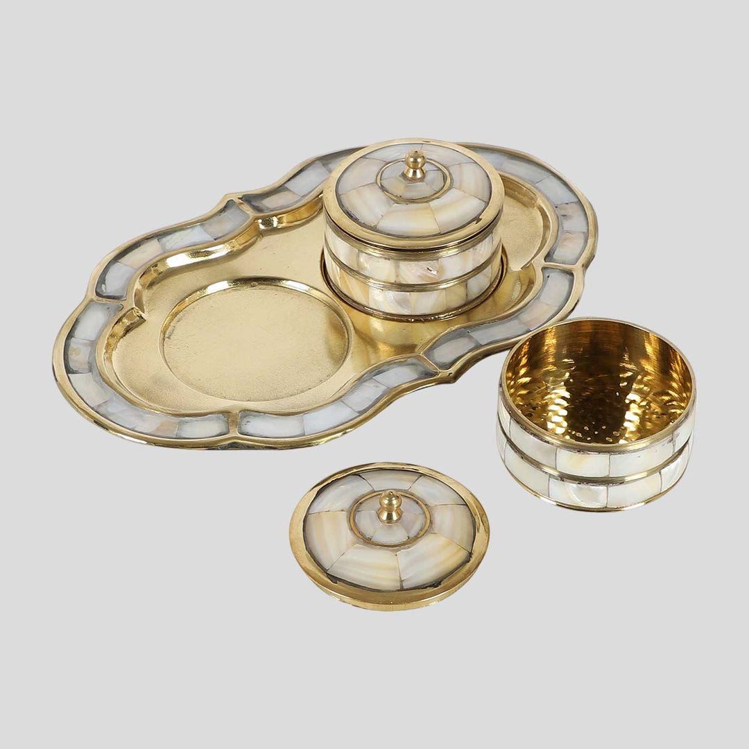 Handmade Brass & Mop Platter With  Supari Boxes | Set Of 3