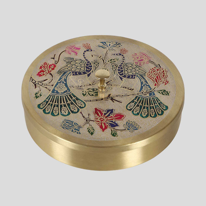 Handmade Round Peacock Brass Masala Box | Set Of 9