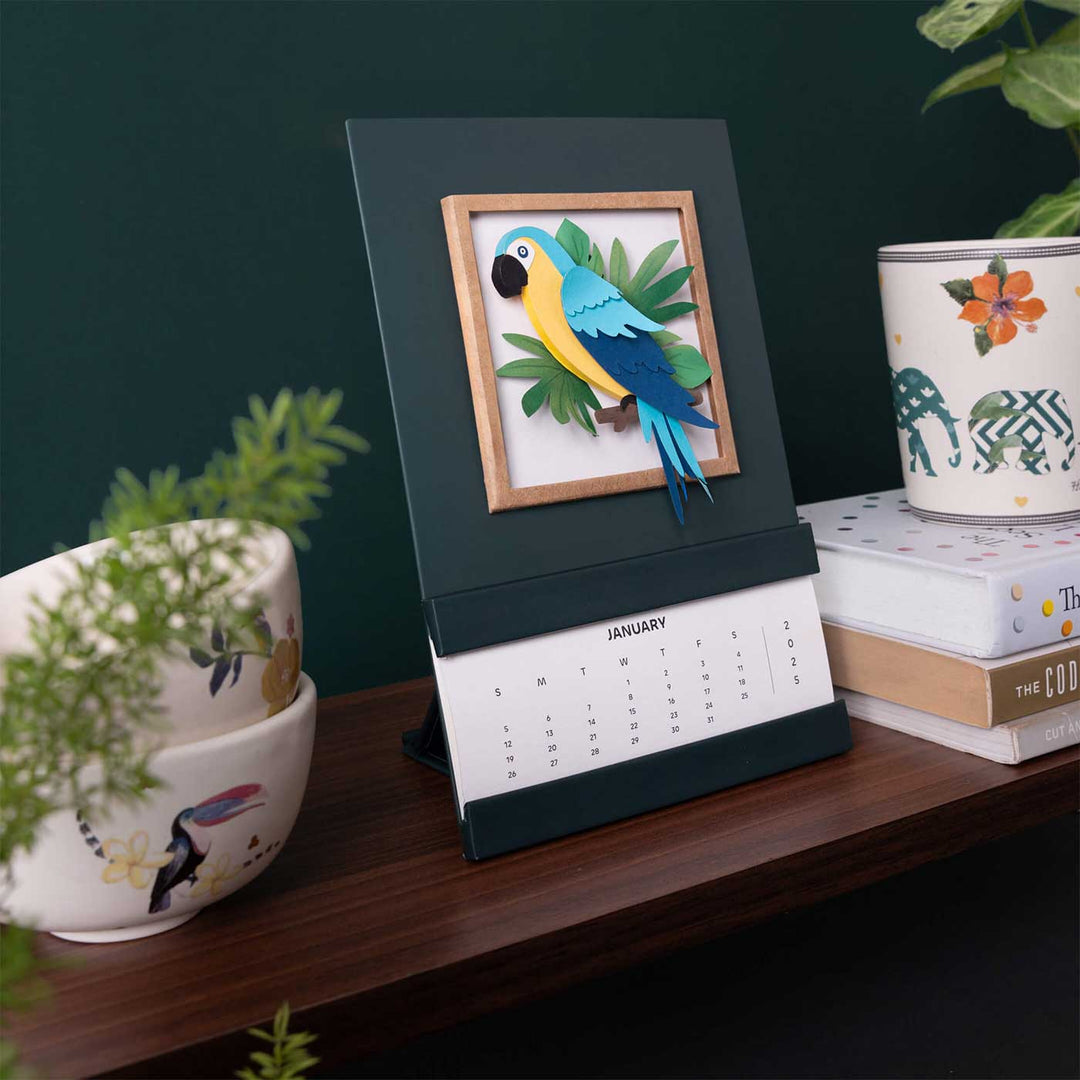 Handmade 3D Blue & Gold Macaw 2025 Desk Calendar