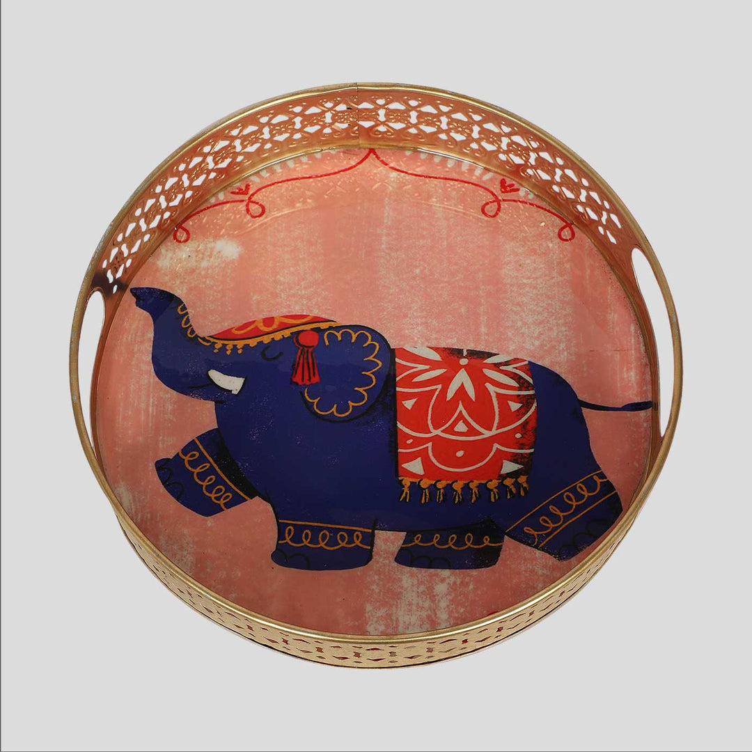 Handmade Pink Elephant Pichwai Tray | Set Of 2