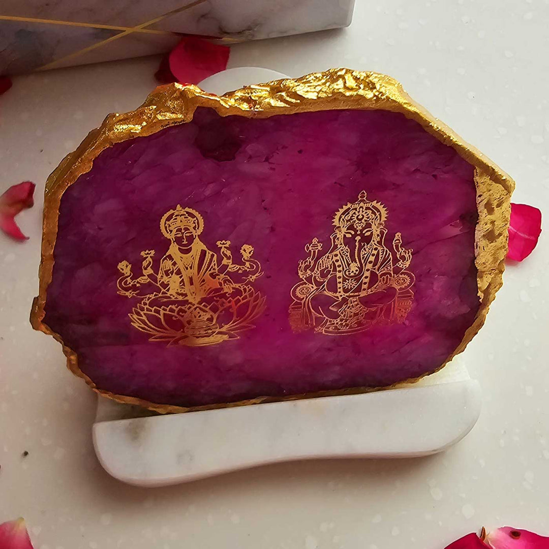 Handmade Pink Laxmi Ganesha Agate Decor With Marble Tea Light Holder