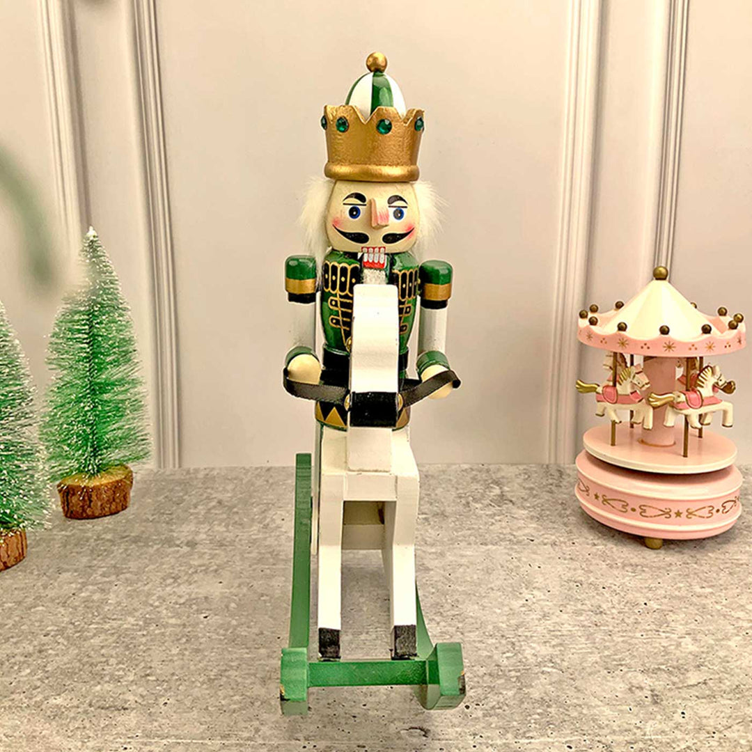 Green Rocking Horse King Nutcracker Self-Standing Wooden Decor For Christmas Table Decoration