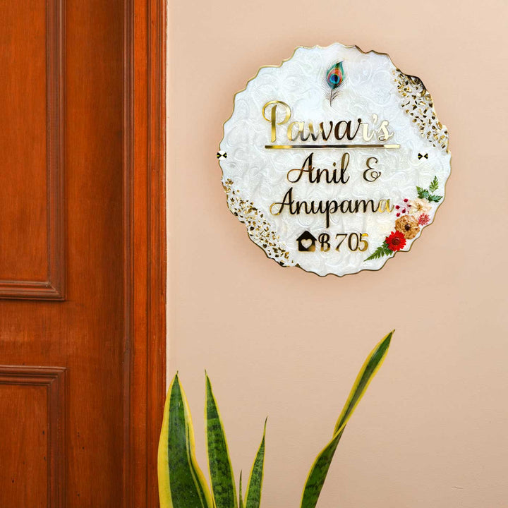 Personalized White Floral Theme Resin & Acrylic Waterproof Name Plate