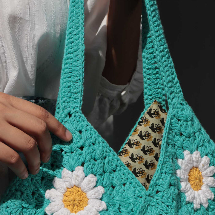 Handmade Crochet Pink Daisy Hobo Shoulder Bag