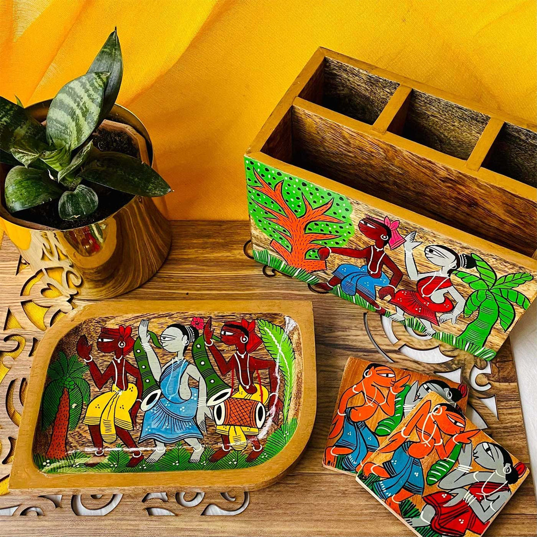 Hand-Painted Pattachitra Harshil Wooden Hamper | Set Of 3