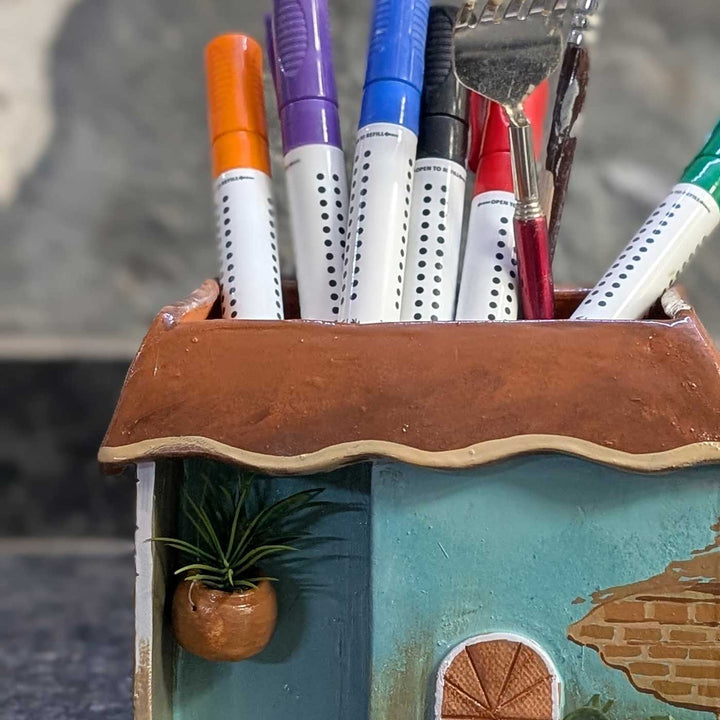 Personalized Hand-Painted House Shaped Terracotta Pen Holder