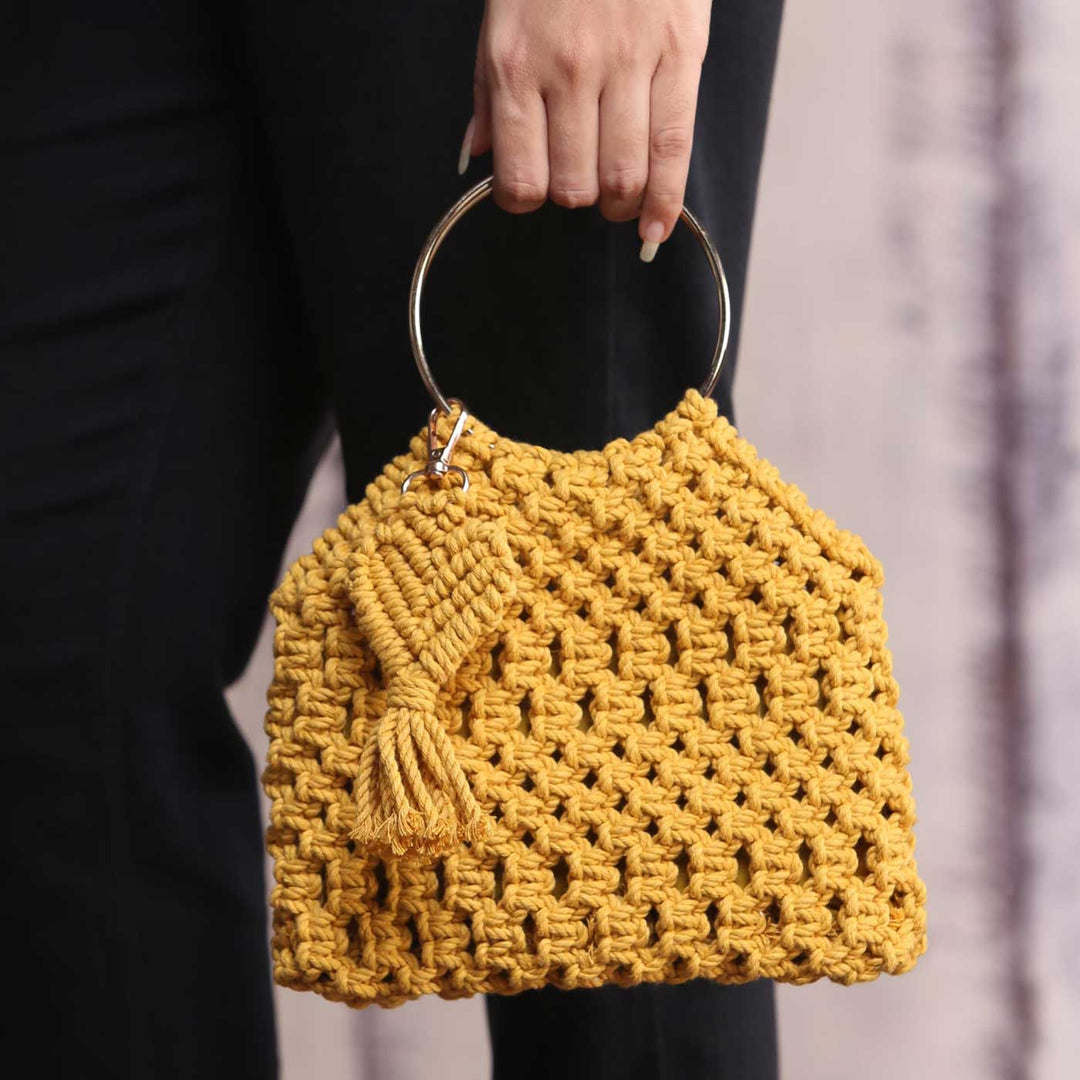 Handmade Macrame Handheld Bag With Metal Handle