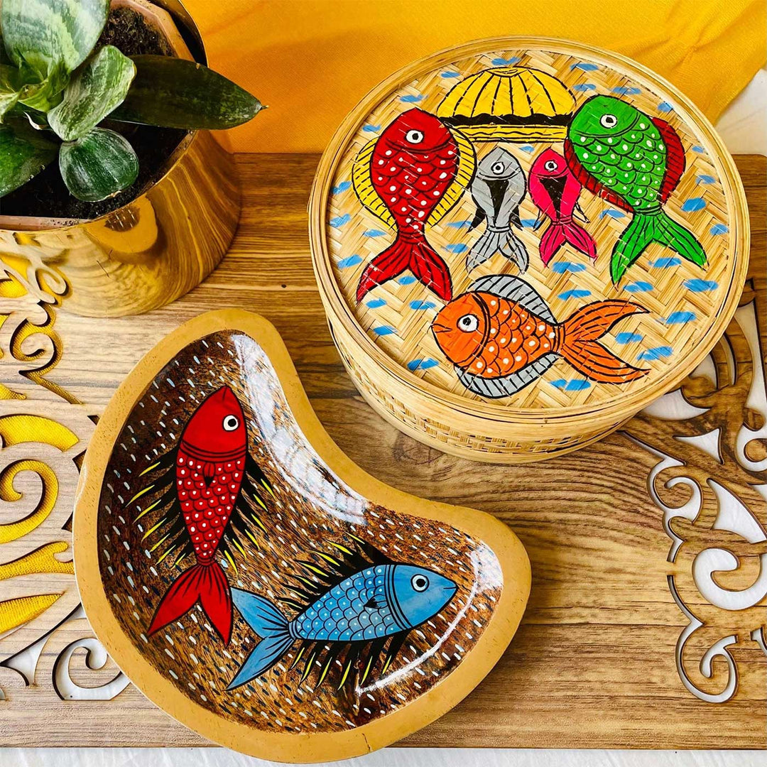 Hand-Painted Pattachitra Leher Wooden Hamper | Set Of 2