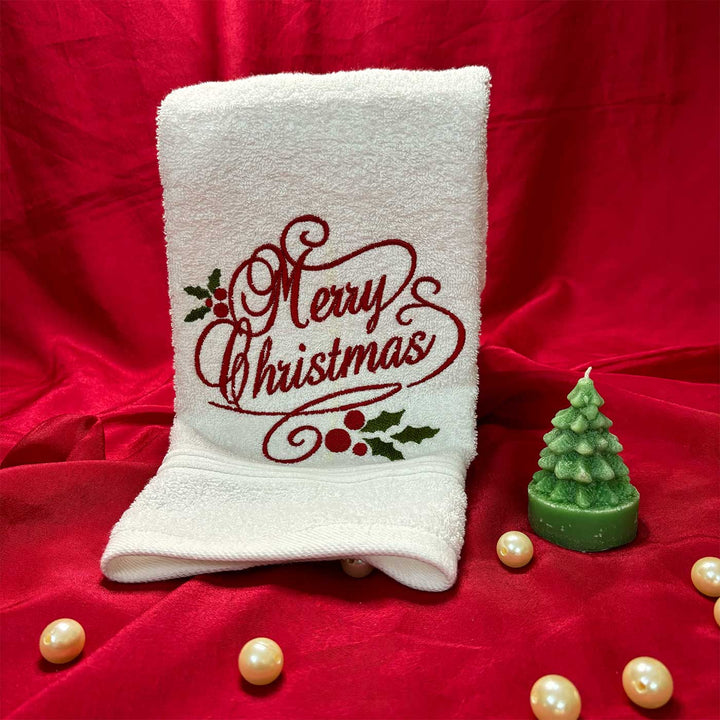 Personalized Merry Christmas Embroidered Cotton Hand Towel | Secret Santa Gift Ideas