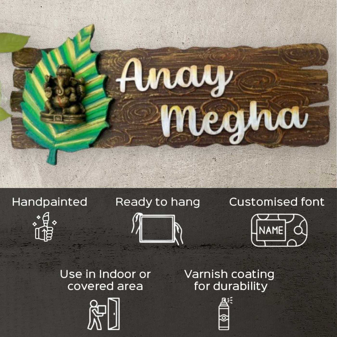 Personalized Ganesha On Leaf Theme MDF Wood Name Plate