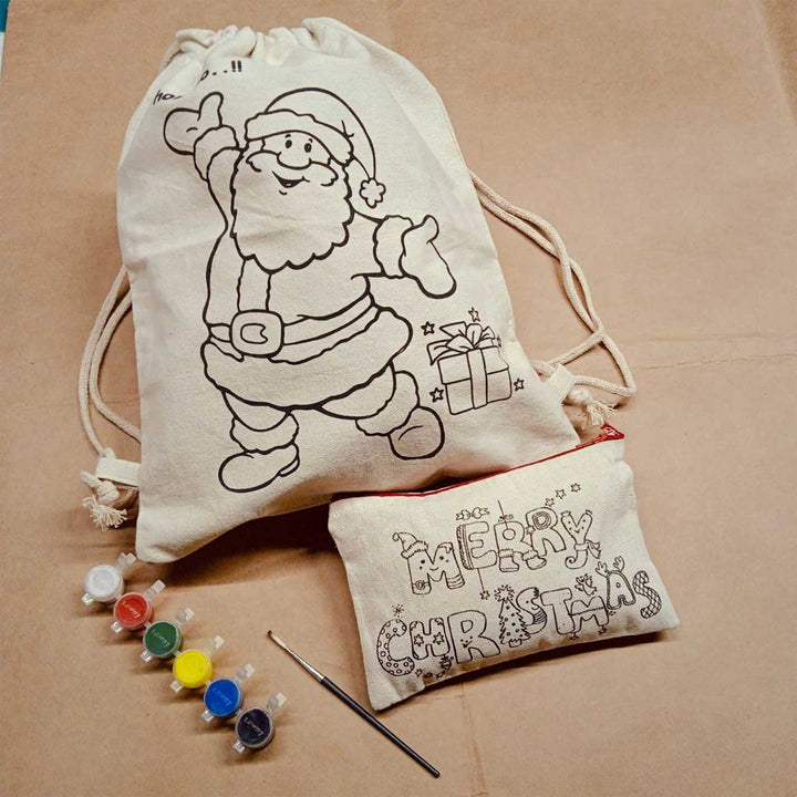 Ready-To-Paint DIY Kit With 5 MDF Ornaments, Canvas Bagpack & Pouch | Xmas Gifting Ideas | Set Of 9