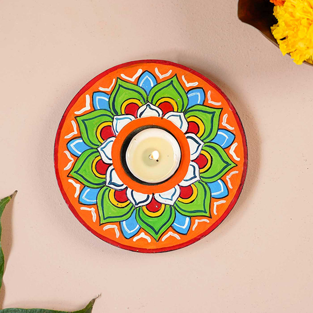 Handmade Multicolour Lotus Wooden Tealight Holder