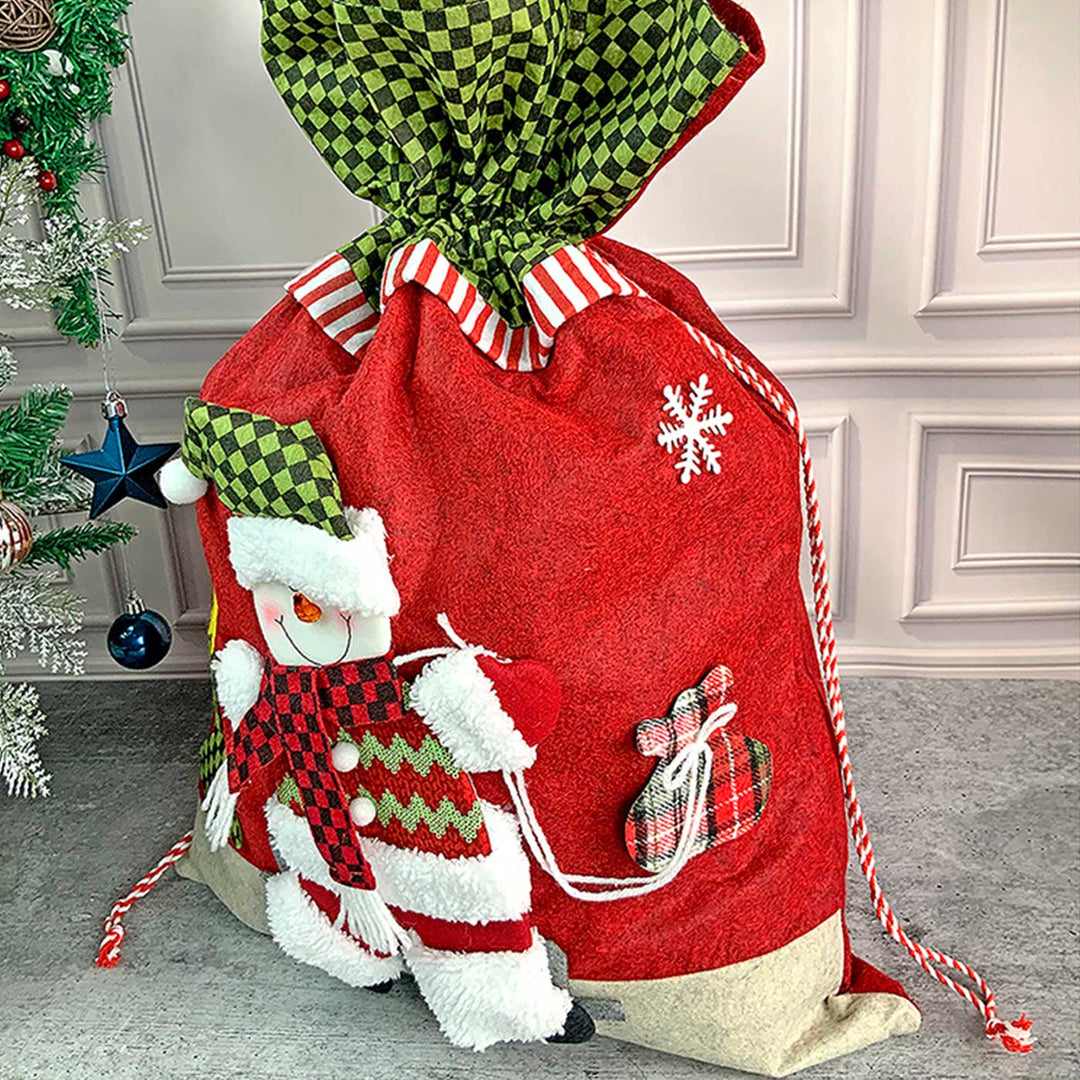 Handmade Snow Red & Green Checks Plush Fabric Gift Sacks For Christmas Decoration