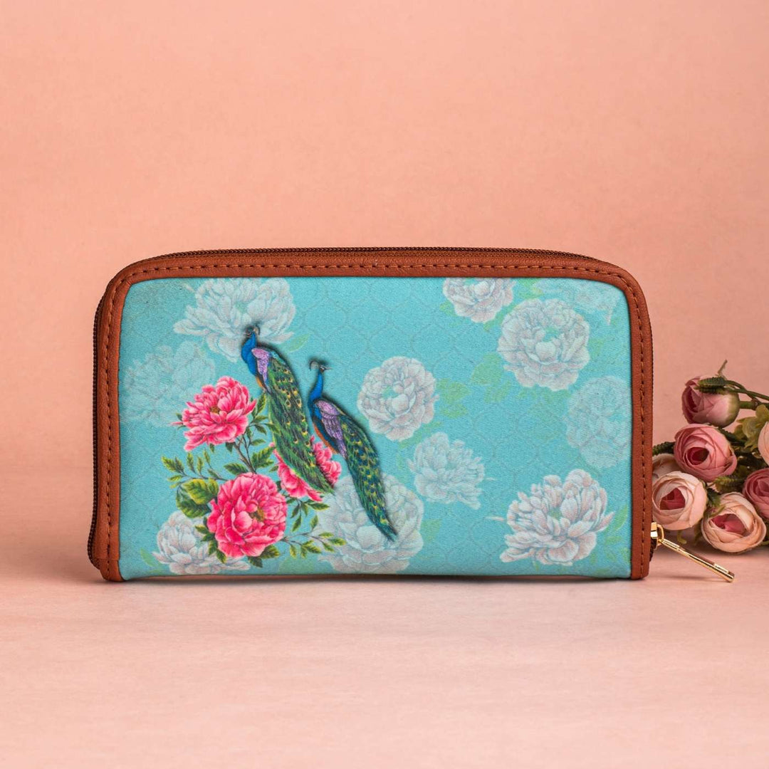 Peacocks & Peonies Vegan Leather Zipper Wallet