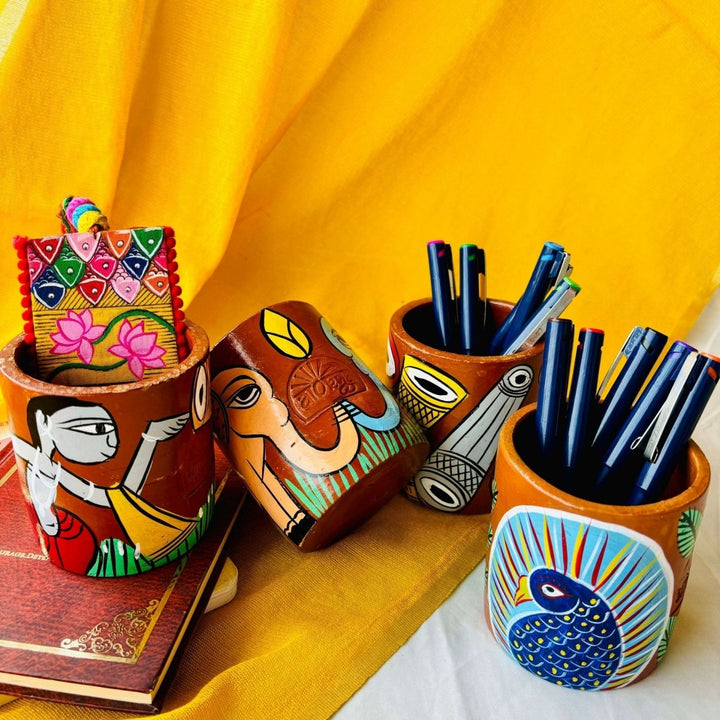 Eco-Friendly Hand-Painted Pattachitra Nandan Terracotta Pen Holder