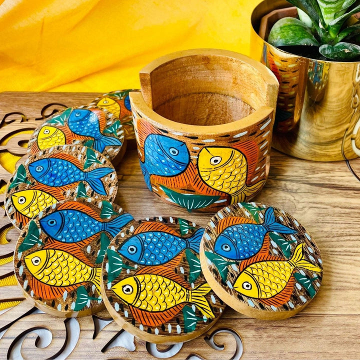 Hand-Painted Patachitra Neer Wooden Coaster Set | Set Of 6