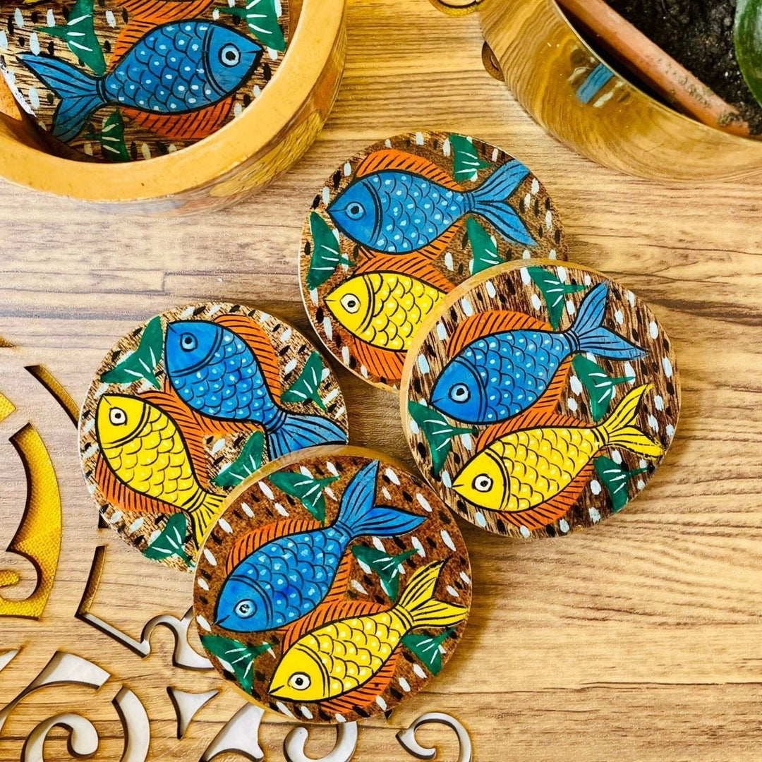 Hand-Painted Patachitra Neer Wooden Coaster Set | Set Of 6