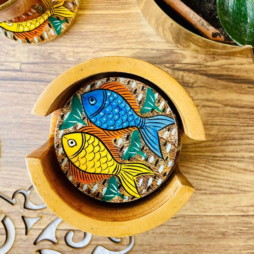 Hand-Painted Patachitra Neer Wooden Coaster Set | Set Of 6