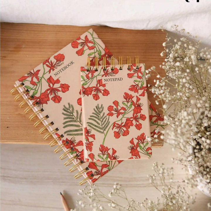 Handmade Gulmohar Red Spiral Notebook and Notepad Set | 80 Pages