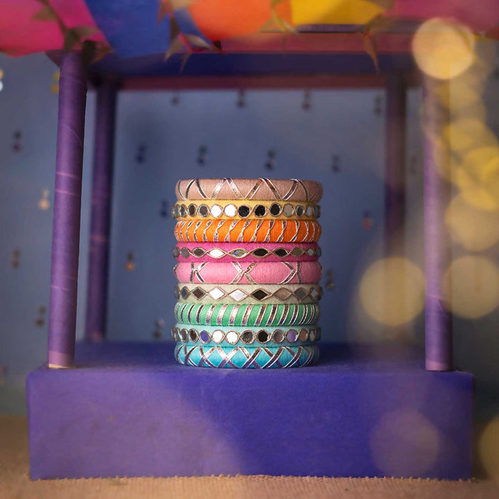 Pastel Handcrafted Aarvi Mirror and Gotapatti Work Bangles | Set of 9