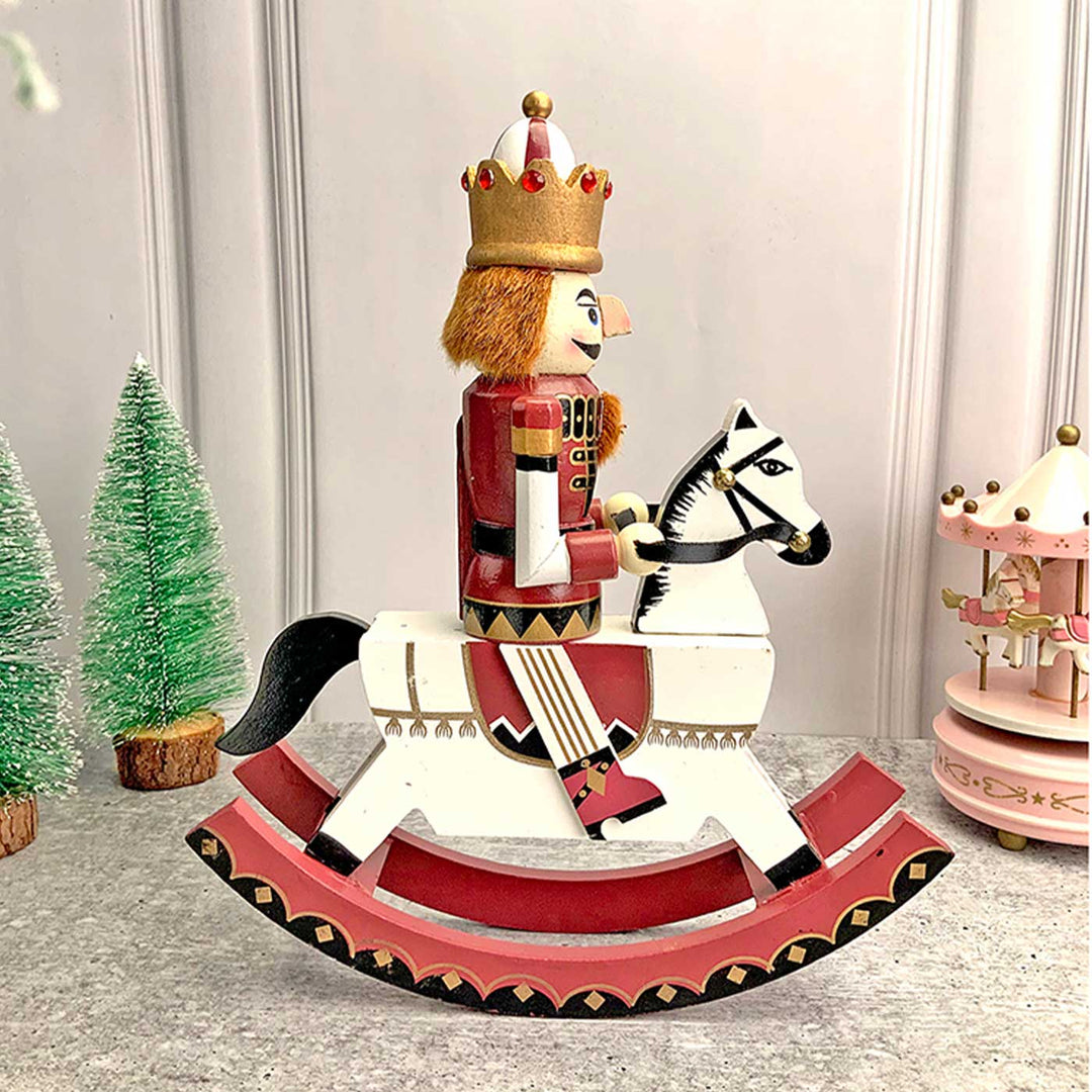 Maroon Rocking Horse Nutcracker Self-Standing Wooden Decor For Christmas Table Decoration