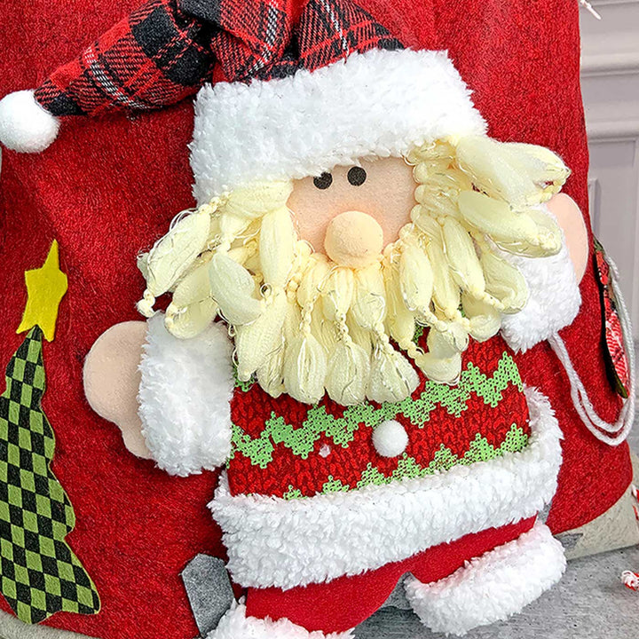 Handmade Santa Red & Grey Checks Plush Fabric Gift Sacks For Christmas Decoration