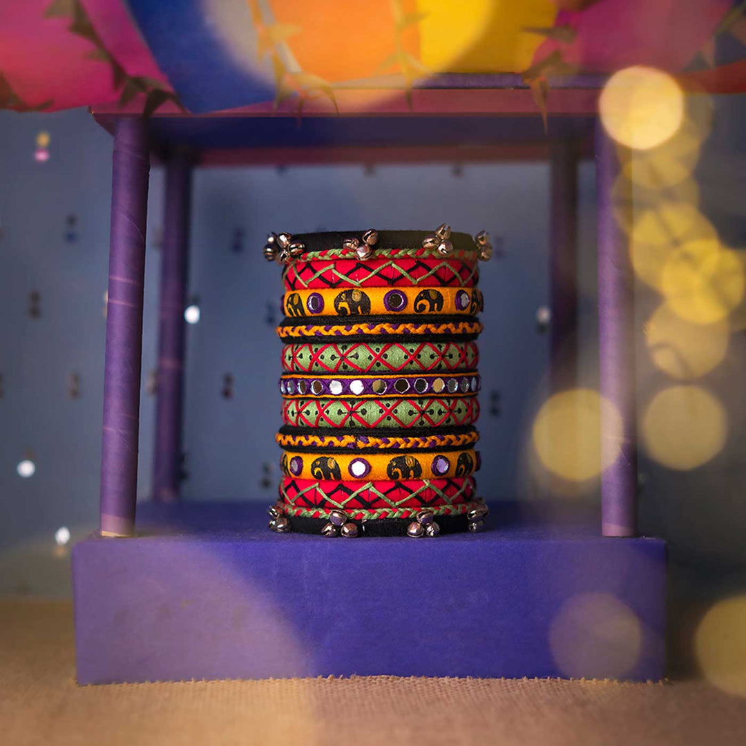 Multicolour Handcrafted Vedanshi Elephant Print Ghugharu Bangles | Set of 11