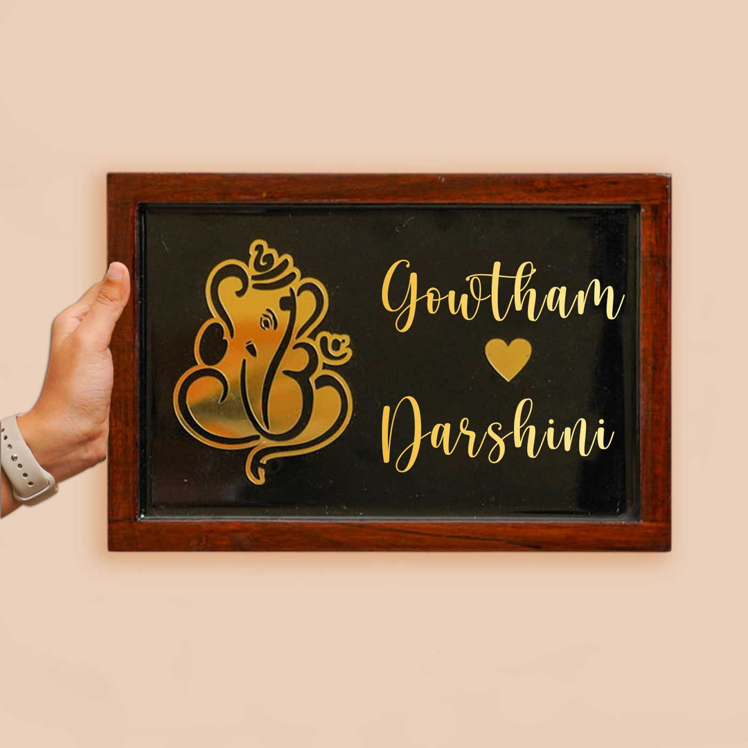 Personalized Ganesha Theme Resin Name Plate With Teak Wood Border For Couples