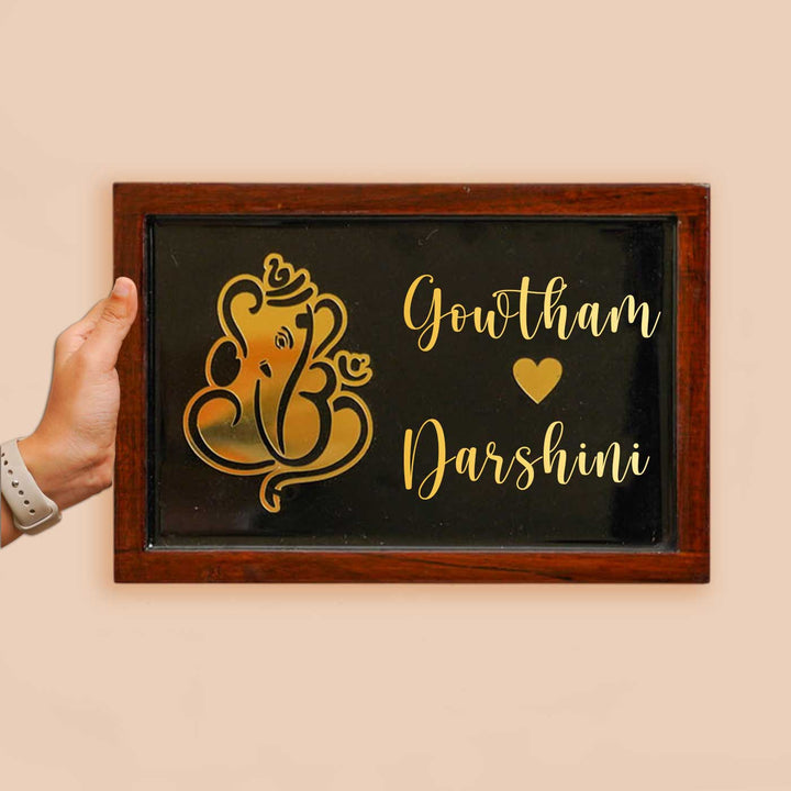 Personalized Ganesha Theme Resin Name Plate With Teak Wood Border For Couples