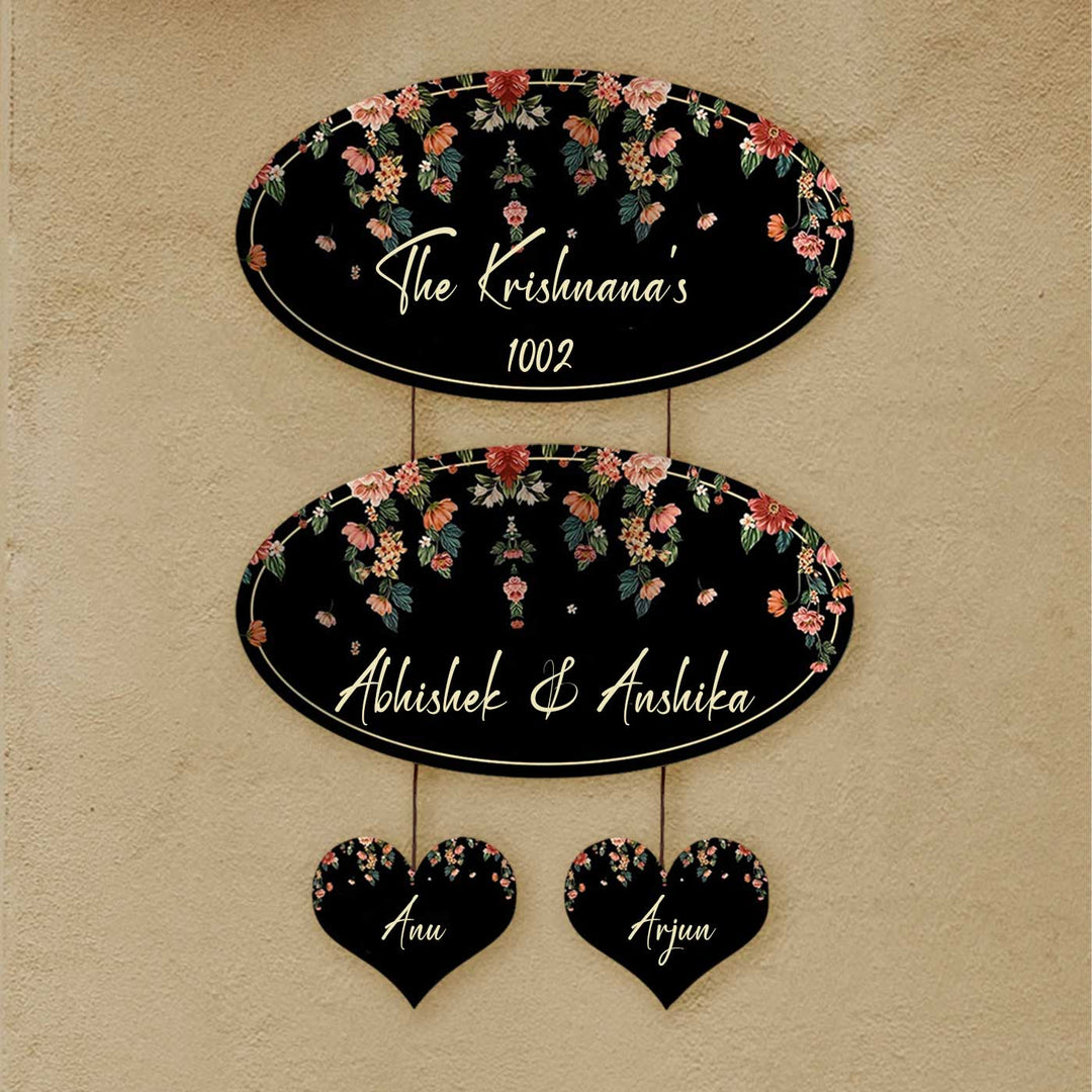 Printed Black Floral Wooden Oval Nameplate For Family