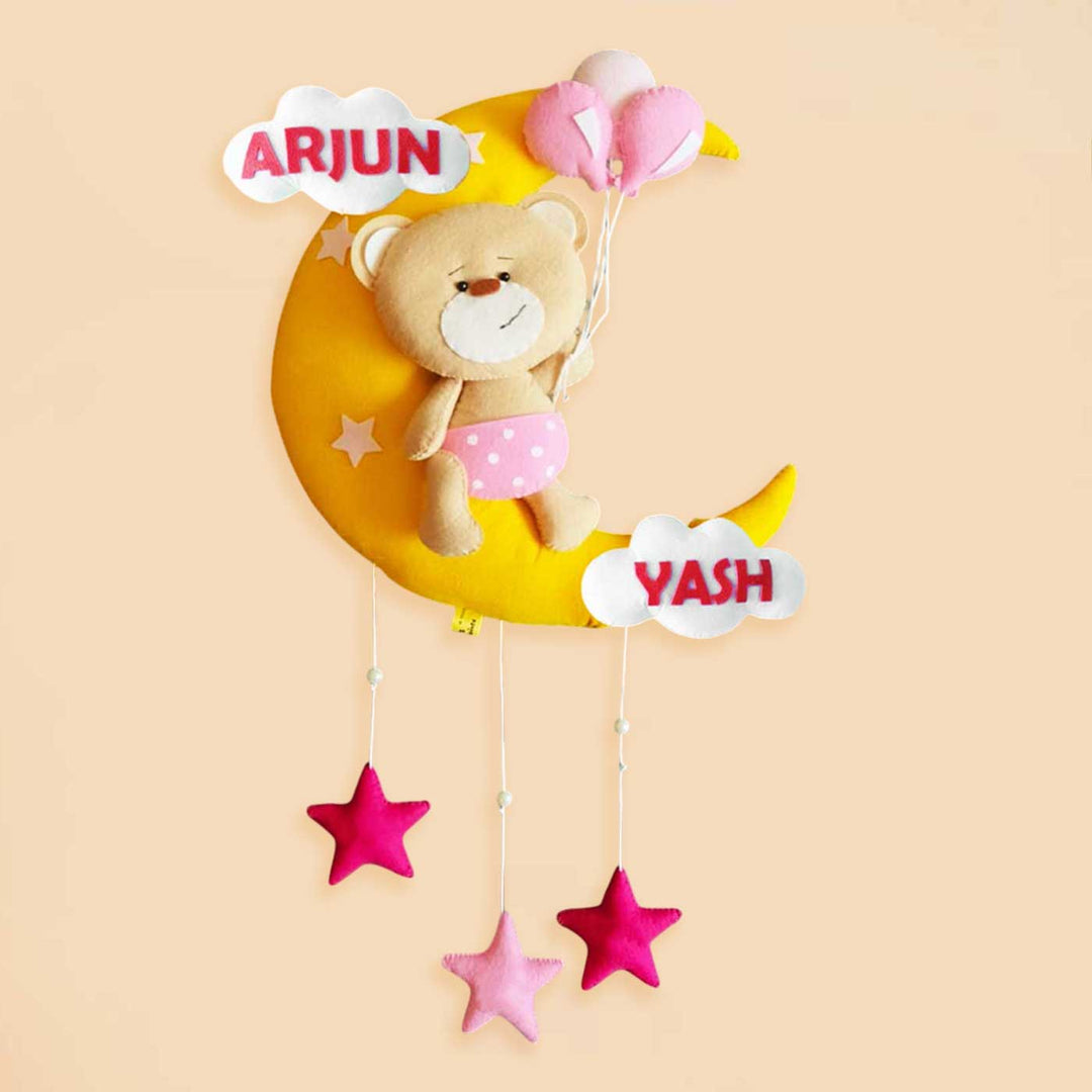 Hand-stitched Teddy Themed Felt Moon Nameplate with Birthdate For Kids