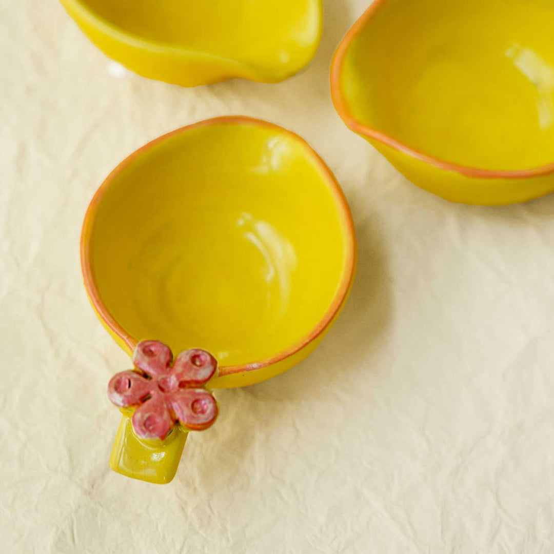 Handmade Sunlit Yellow & Pink Flower Ceramic Oil Lamp / Diya | Set of 4