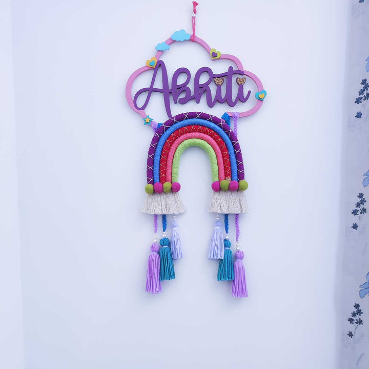 Personalized Handmade Macrame Cloud Rainbow & Tassels Kids Name Plate With 3D Letters