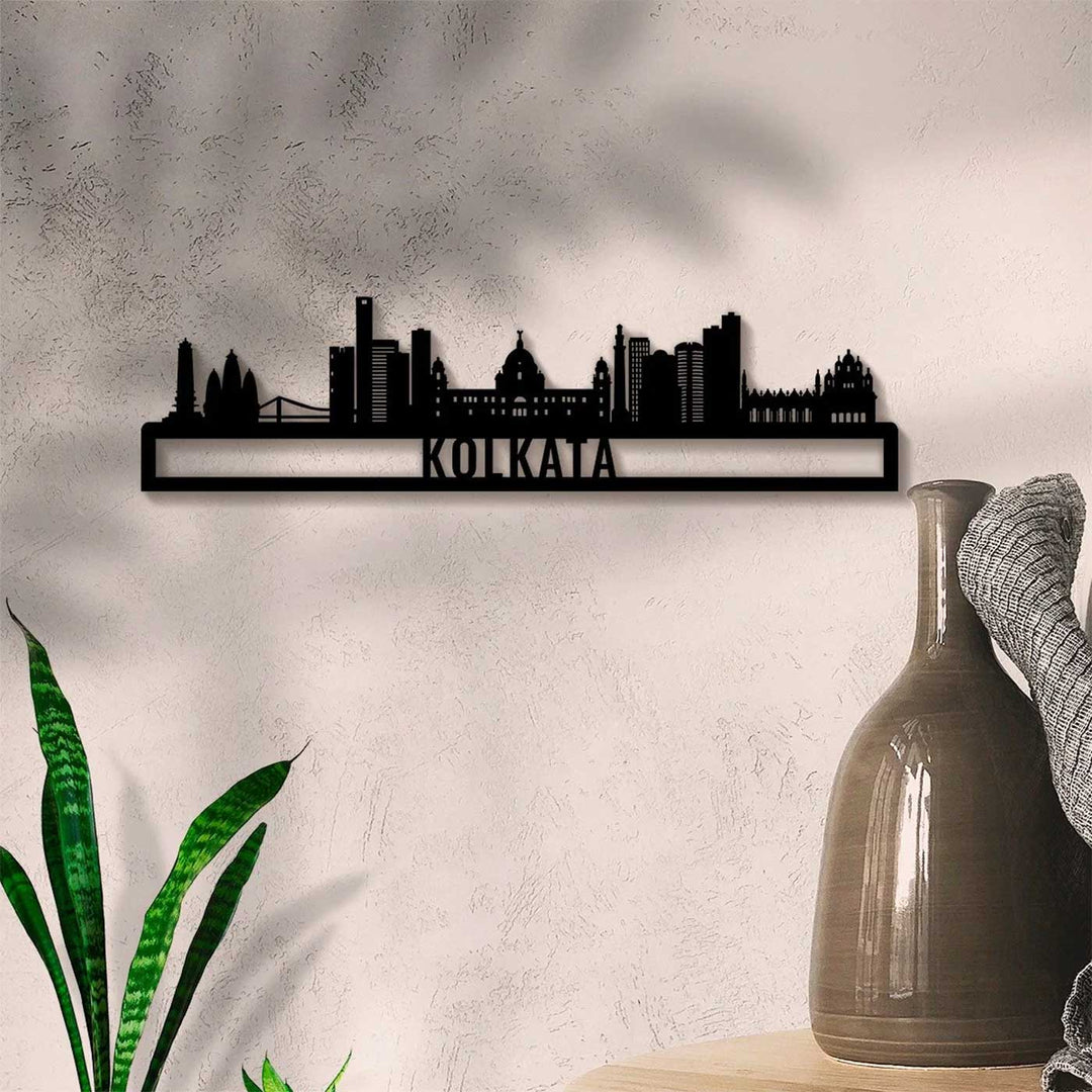 Printed Black Wooden Kolkata City Skyline Wall Decor