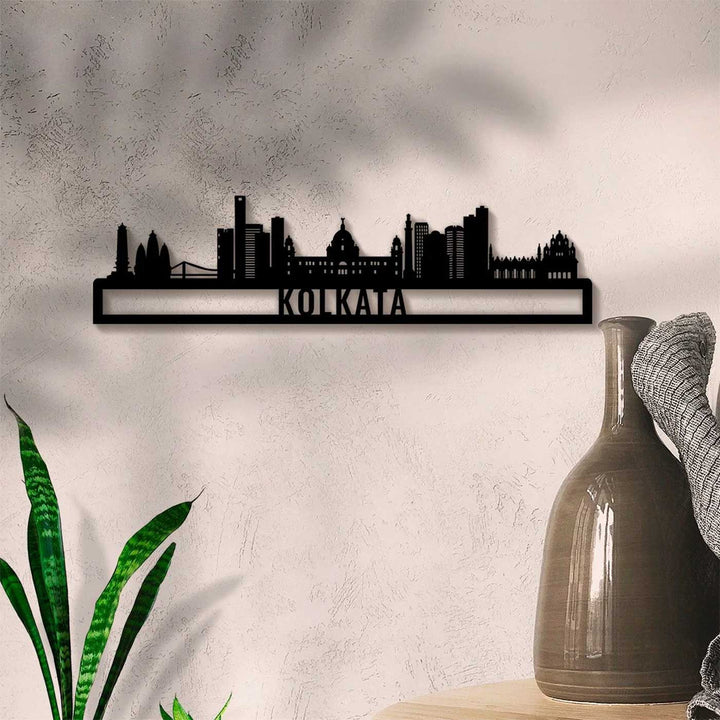 Printed Black Wooden Kolkata City Skyline Wall Decor