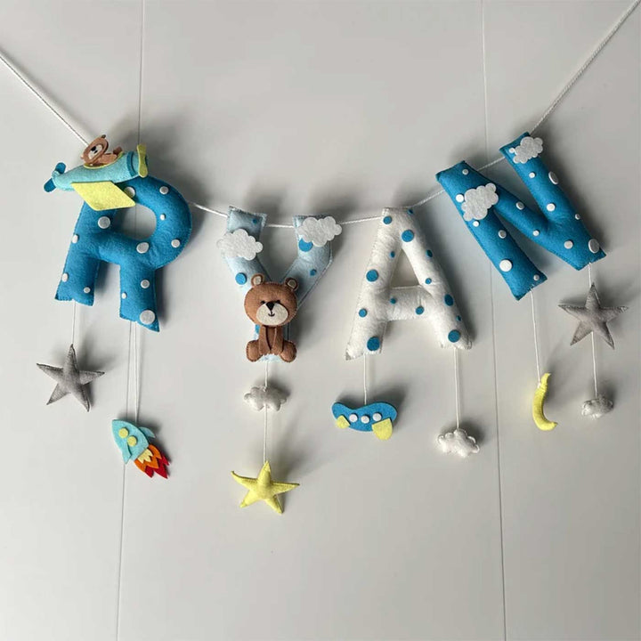 Personalized Teddy On A Plane Name Bunting Garland Felt Bunting / Garland For Kids