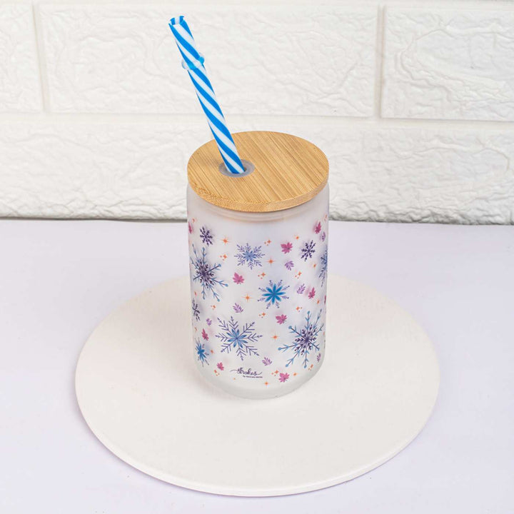 Frosted Printed Mason Jar with Wooden Lid & Straw | 350 ml