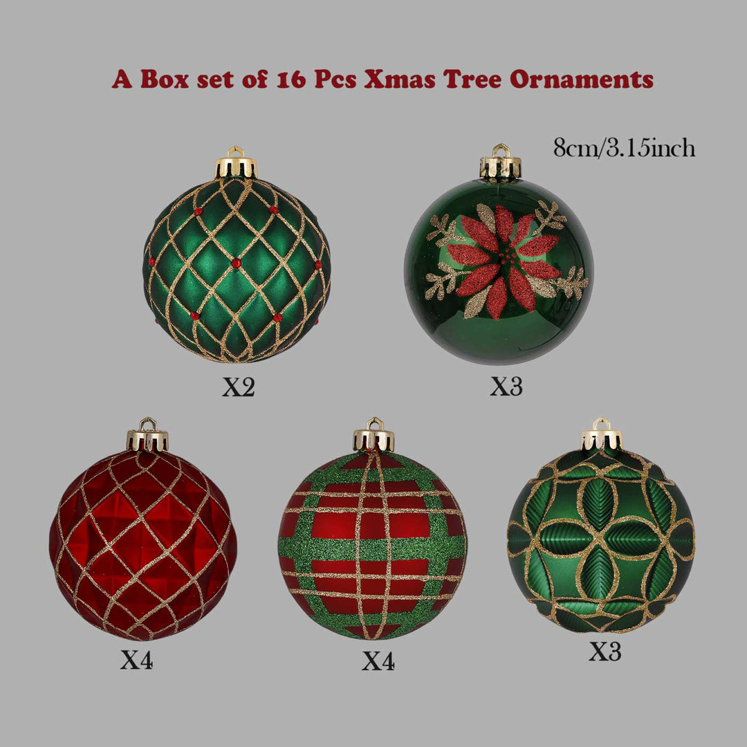 Red, Green & Gold Christmas Ball Ornaments For Decoration | Set of 16