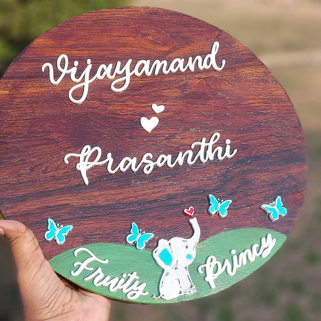 Personalized Elephant Theme Pine Wood Name Plate