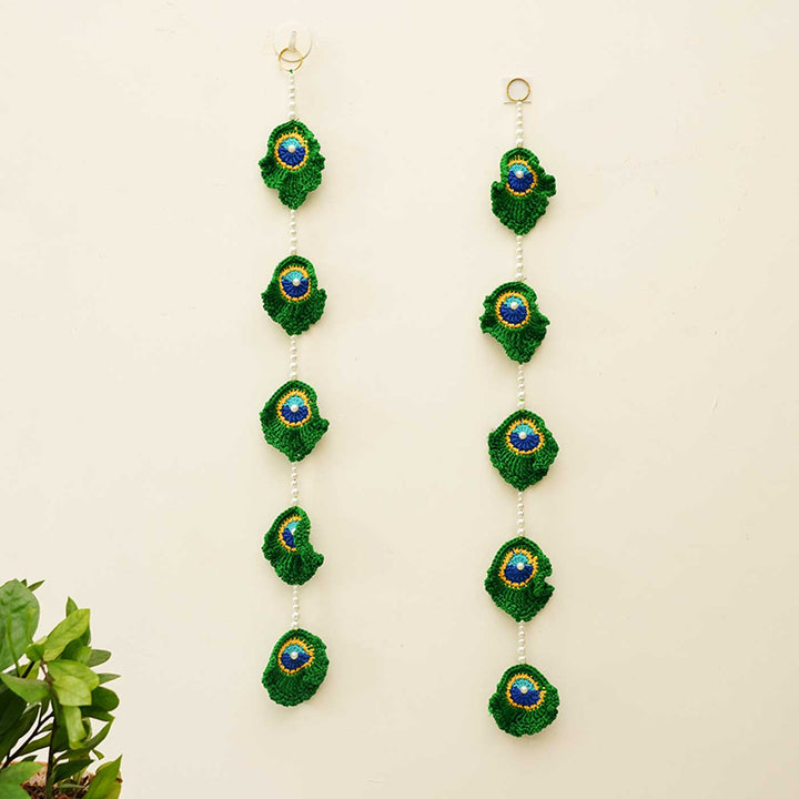 Handmade Peacock Feather Inspired Crochet Toran & Hanging Set | Set Of 3