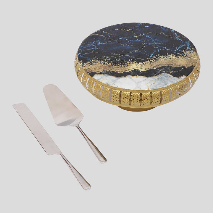 Handmade Blue & Gold Metal Cake Platter With Knife & Server