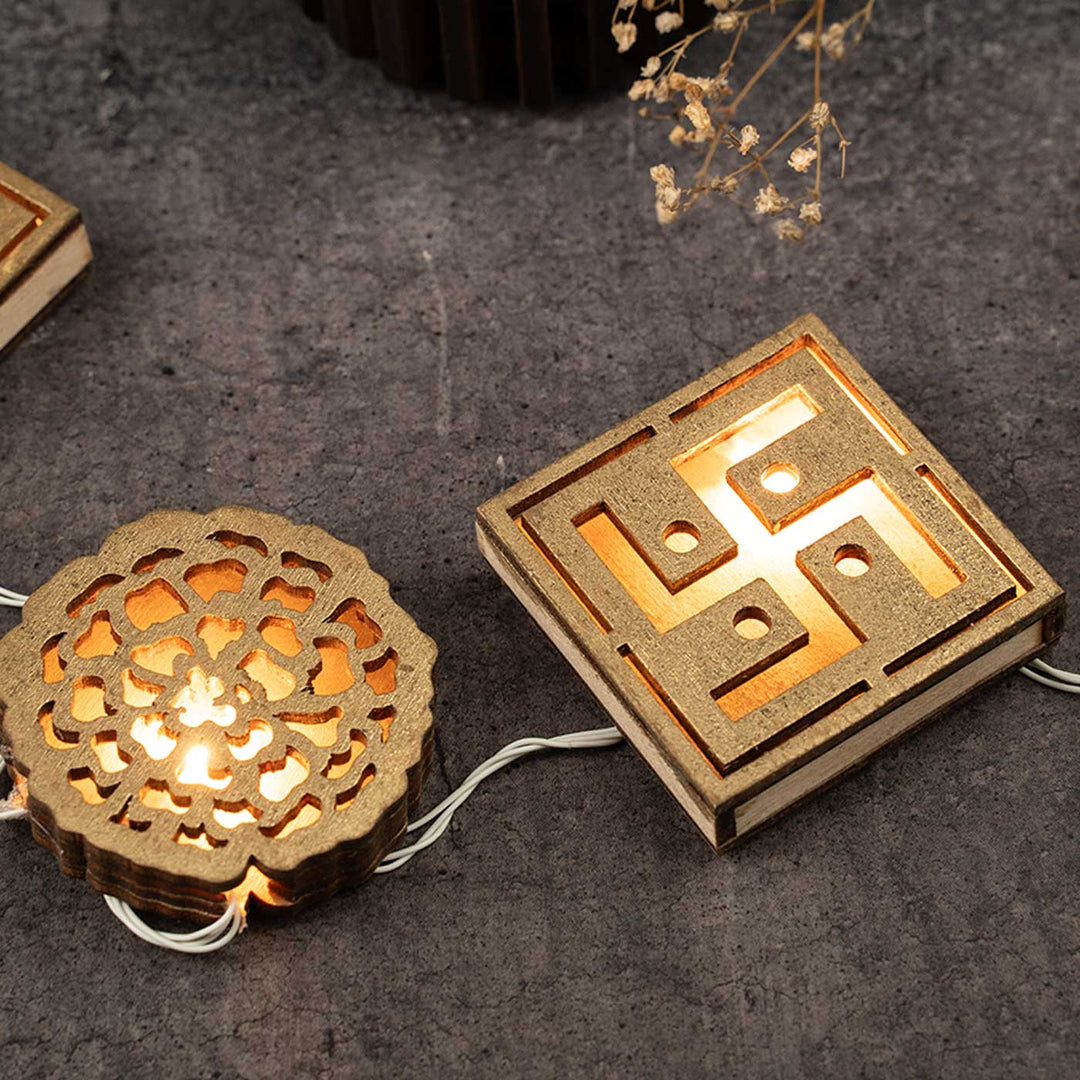 Handmade Decorative Om & Swastik Shape 3D Wooden Fairy Light