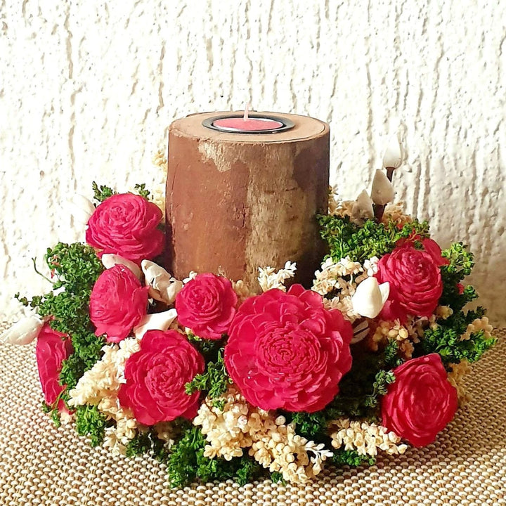 Handmade Elegant Red Shola Flower Centerpiece With Candle Holder