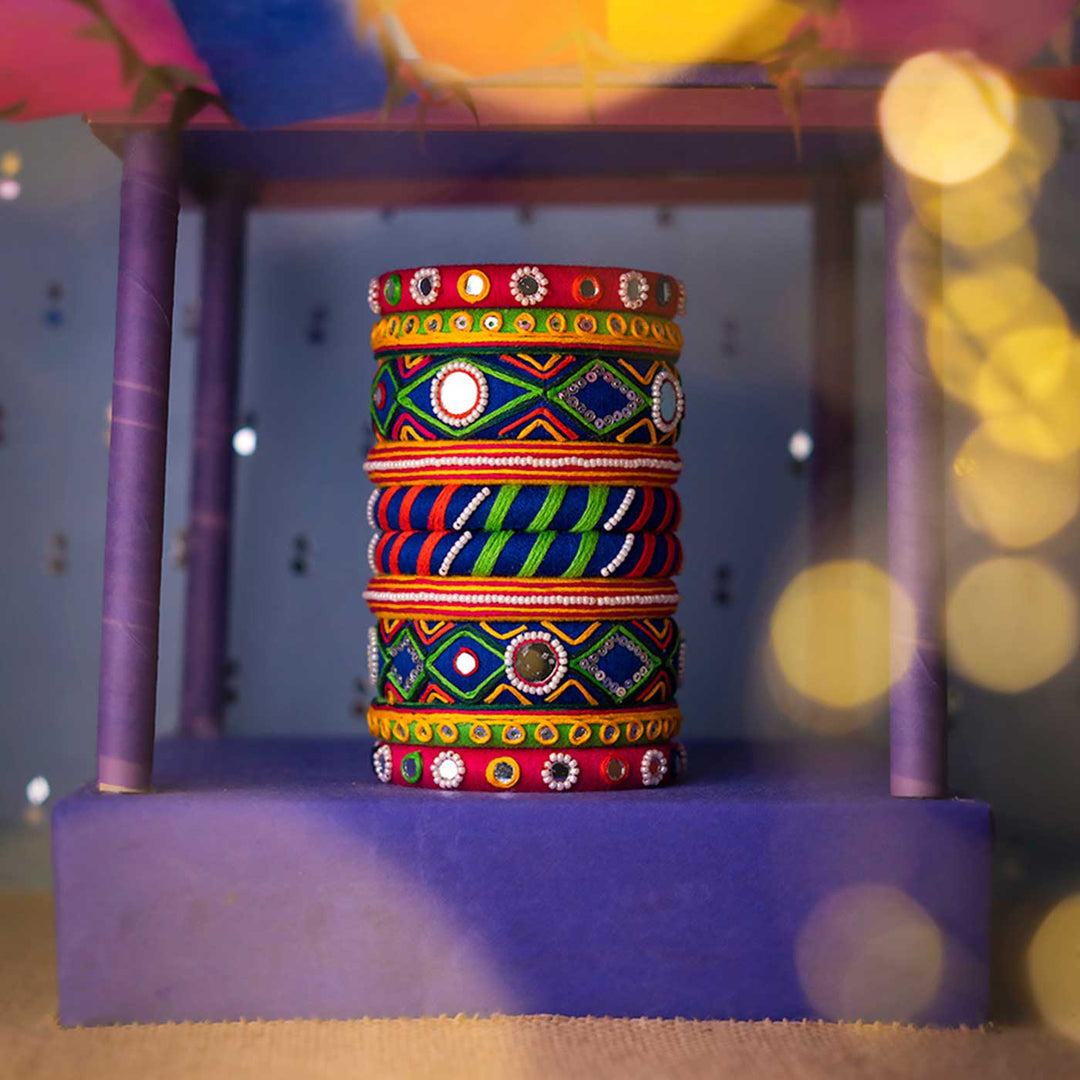 Multicolour Handcrafted Idika Embroidery Bangles | Set of 10