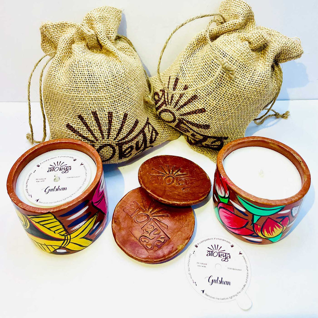 Hand-Painted Pattachitra Single Wick Scented Candle In Jute Bag | Set Of 2 (Assorted Designs)