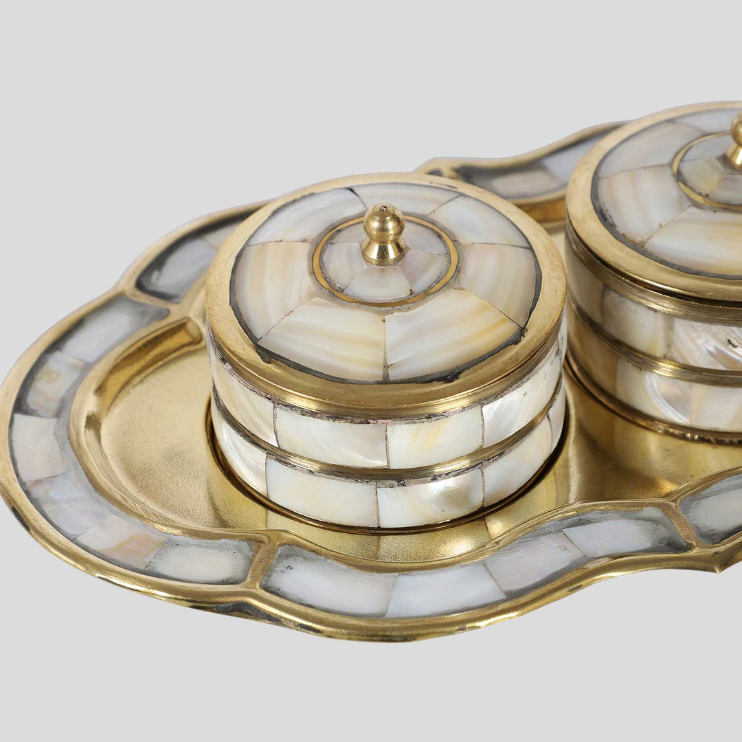 Handmade Brass & Mop Platter With  Supari Boxes | Set Of 3